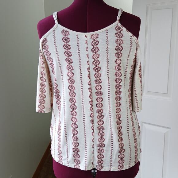 hem & thread cold shoulder faux wrap tank top L tan red adjustable straps L4998 - Picture 3 of 12